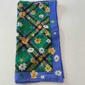 100% Silk Carlisle Plaid Floral Green Yellow Blue Spring Square Scarf